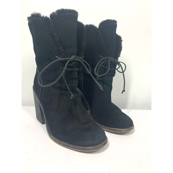 UGG Australia Jerene Black Suede & Shearling Lace Up Heeled Ankle Boots US 5 - Picture 1 of 8